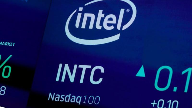Graphic Text: Intel logo and stock price