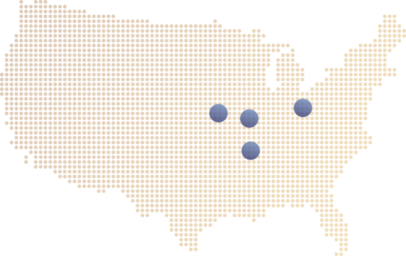 Graphical map of the United States with Kansas City, Columbus, Memphis, and St. Louis highlighted